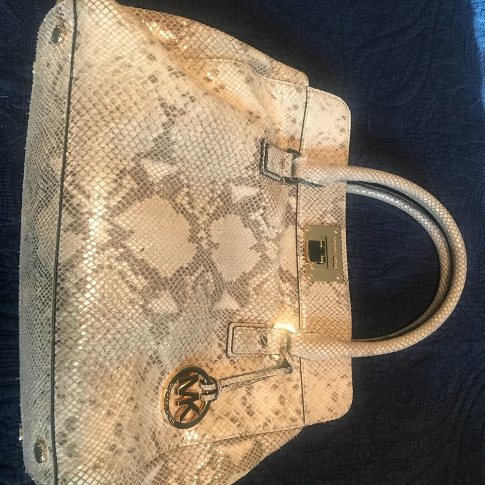 Michael Kors green ivory snakeskin tote handbag